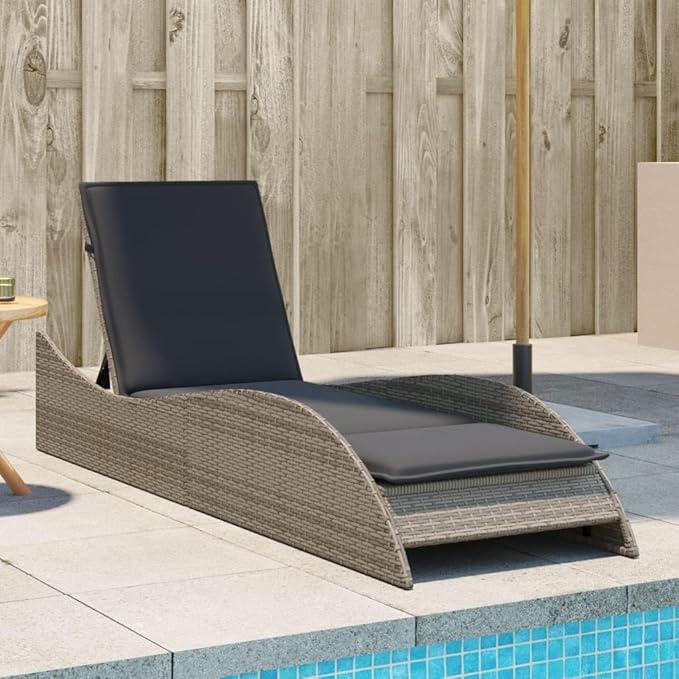 Grey PE Rattan Chaise Lounge Adjustable Backrest 80.7 x 23.6 x 28.7 in Outdoor Pool Patio Sun Lounger Cushioned - Photo 1