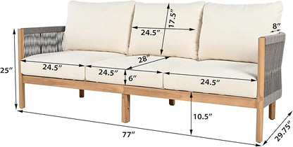 Christopher Knight Home Havets 77"W Outdoor 3 Seater Sofa, 6" Thick Cushion Couch, Acacia Wood Bench Sofa, Comfy Woven Rope Armchair, Spacious Seating Bench Couch for Backyard Garden Porch, Gray+Beige