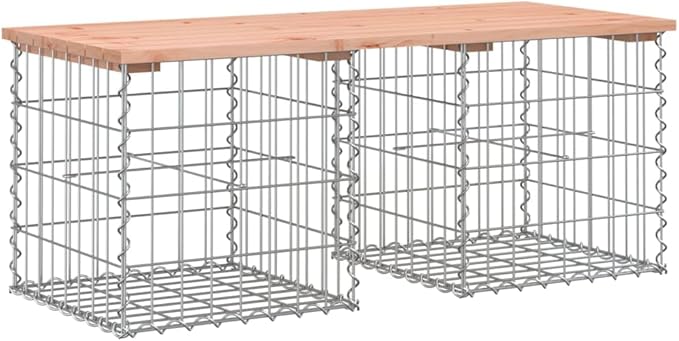 Garden Bench Wood Color Silver Solid Douglas Wood Galvanized Steel Outdoor Seating Rustic Farmhouse Style Gabion Design Weather Resistant Durable Patio Furniture