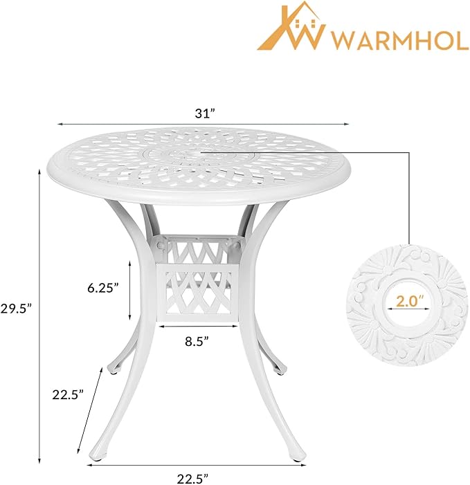 Outdoor Cast Aluminum Patio Table, 31” Round Bistro Table with 2” Umbrella Hole for Patio Furniture Garden Deck Backyard, White