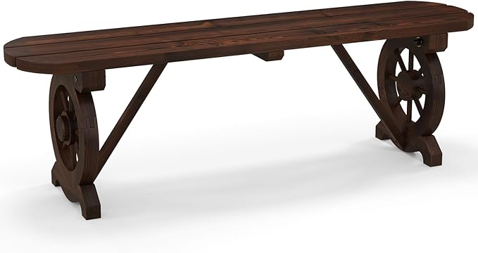 Tangkula Patio Rustic Wood Bench, Carbonized Wood Long Bench with Wagon Wheel Base, Slatted Seat Design, 2-Seat Dining Bench for Garden, Backyard, Porch, 710 LBS Max Load