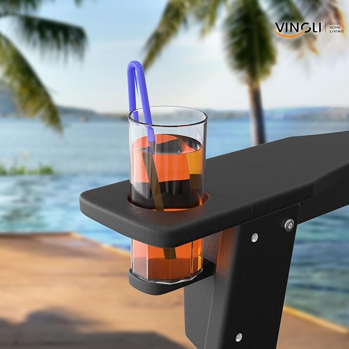 VINGLI Plastic Adirondack Chairs Set of 2, Folding with Cup Holder, Waterproof HDPE Material, Comfortable 380lb Weight Capacity for Outdoor Pool Patio Lounge Chair Lawn Furniture Firepit (Black)