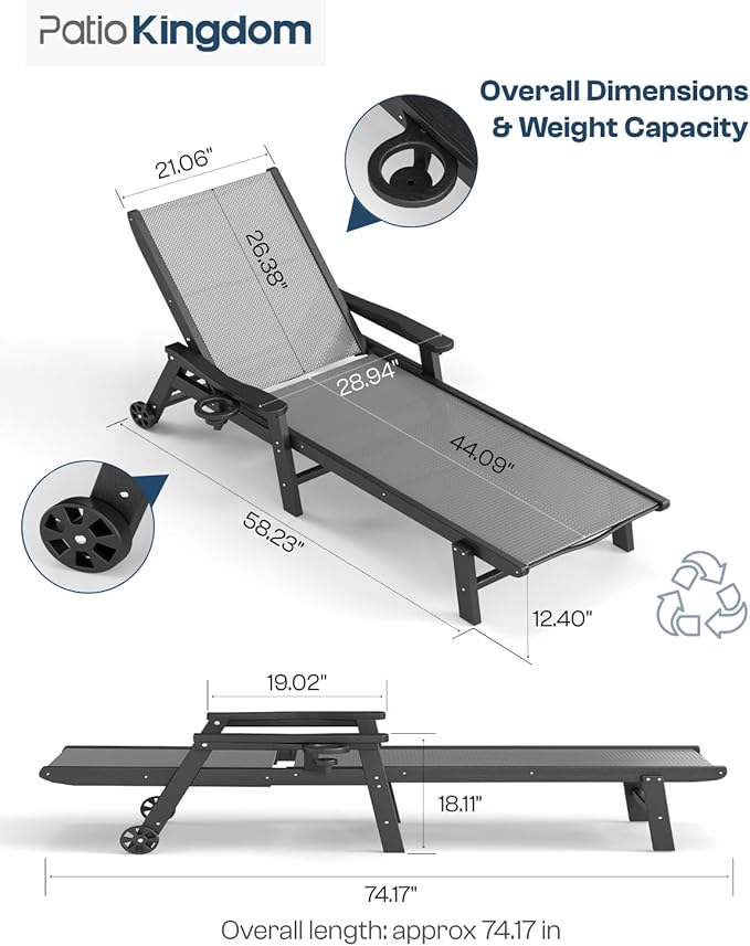 Patio Chaise Lounge Chair with Wheels & Cup Holder, HDPE Textilene Outdoor Lounge Chair 5 Positions Adjustable for Poolside Deck Patio Backyard (4, Grey Frame, Grey Textilene)