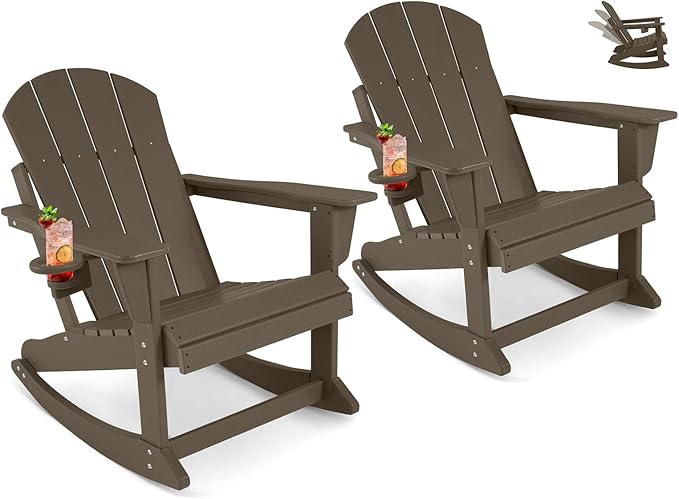 Outdoor Rocking Chairs Set of 2, HDPE Poly All-Weather Patio Rocking Chairs with Cup Holder for Adults, Porch Rocker for Deck Patio Balcony, 440lbs, Dark Brown