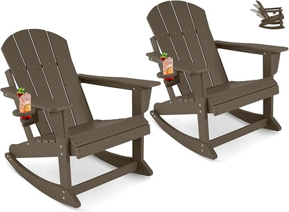 Outdoor Rocking Chairs Set of 2, HDPE Poly All-Weather Patio Rocking Chairs with Cup Holder for Adults, Porch Rocker for Deck Patio Balcony, 440lbs, Dark Brown