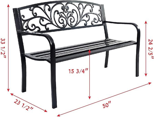 Wenst'sKufAN 50" Patio Garden Bench Park Patio Yard Furniture Decor Powder-Coated Cast Iron Black