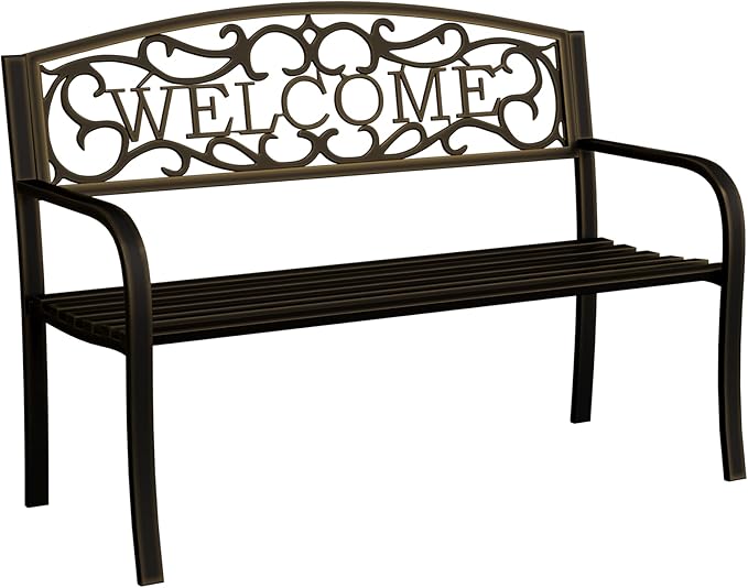50" Outdoor Garden Bench, Iron Metal Frame Patio Bench with Backrest Armrests, Weatherproof Anti-Rust Outdoor Bench for Front Porch, Park, Yard, Patio (403-GOLDEN)