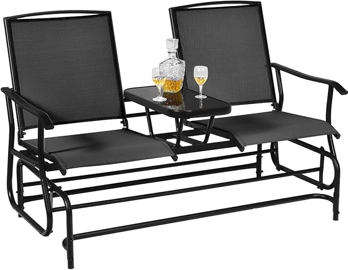 Giantex Patio Bench Glider Chair with Metal Frame, Center Tempered Glass Table, Outside Double Rocking Swing Loveseat for Porch, Garden, Poolside, Balcony, Lawn Rocker Outdoor Glider Bench(Black)