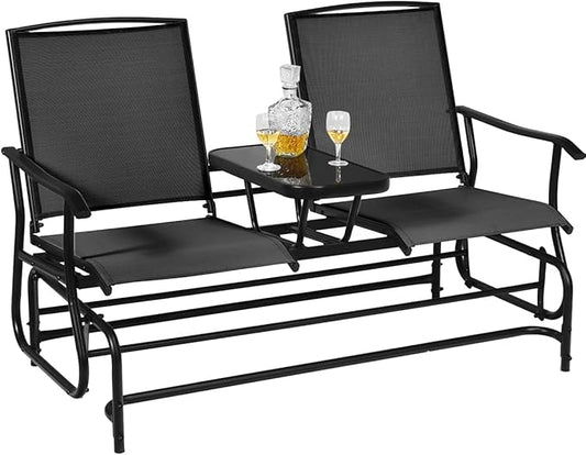 Giantex Patio Bench Glider Chair with Metal Frame, Center Tempered Glass Table, Outside Double Rocking Swing Loveseat for Porch, Garden, Poolside, Balcony, Lawn Rocker Outdoor Glider Bench(Black)