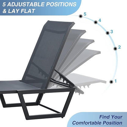 Lounge Chair Outdoor, No Assembly Required Pool Lounge Chairs,5-Position Adjustment Aluminum Patio Lounge Chair with Portable Design for Pool, Beach, Deck, Backyard Use (Black,1pcs)