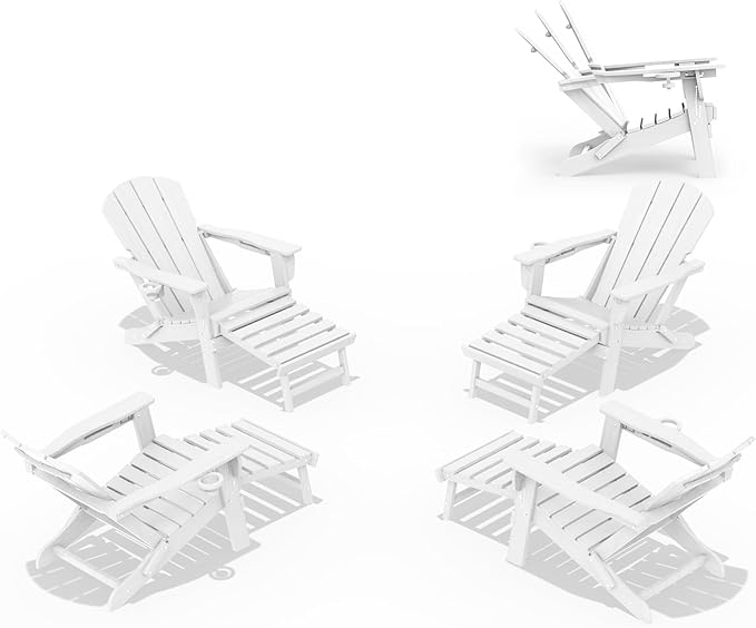 LOUNZY Folding Adjustable Adirondack Chair with Footrest Set of 4,HDPE Recliner Adirondack Chair with Cup Holder for Deck Lawn Fire Pit, White