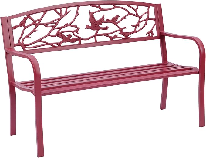 Perched Birds Metal Park Patio Bench, Outdoor Bench in Red for Porch, Lawn, Garden, Deck by Sun-Ray