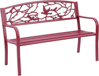 Perched Birds Metal Park Patio Bench, Outdoor Bench in Red for Porch, Lawn, Garden, Deck by Sun-Ray