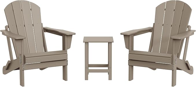 WestinTrends Malibu 3-Pieces Adirondack Chairs Set with Side Table, All Weather Outdoor Seating Plastic Patio Lawn Chair Folding for Outside Porch Deck Backyard, Weathered Wood
