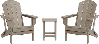 WestinTrends Malibu 3-Pieces Adirondack Chairs Set with Side Table, All Weather Outdoor Seating Plastic Patio Lawn Chair Folding for Outside Porch Deck Backyard, Weathered Wood