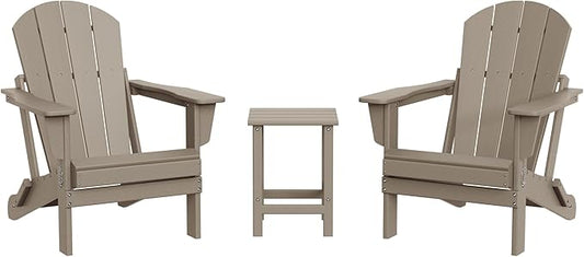 WestinTrends Malibu 3-Pieces Adirondack Chairs Set with Side Table, All Weather Outdoor Seating Plastic Patio Lawn Chair Folding for Outside Porch Deck Backyard, Weathered Wood