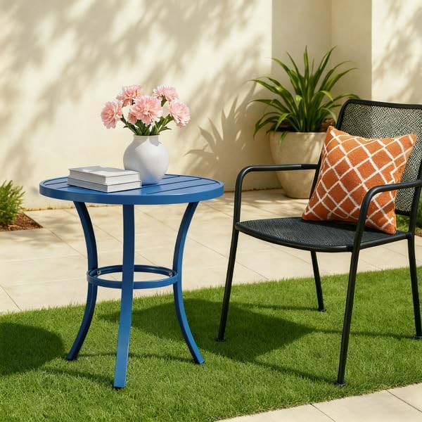 20" Side Table Outdoor Indoor, Round Metal Patio End Table, Small Weather-Resistant Accent Table with Adjustable Feet for Garden, Balcony, Living Room, Bedroom (Navy Blue)