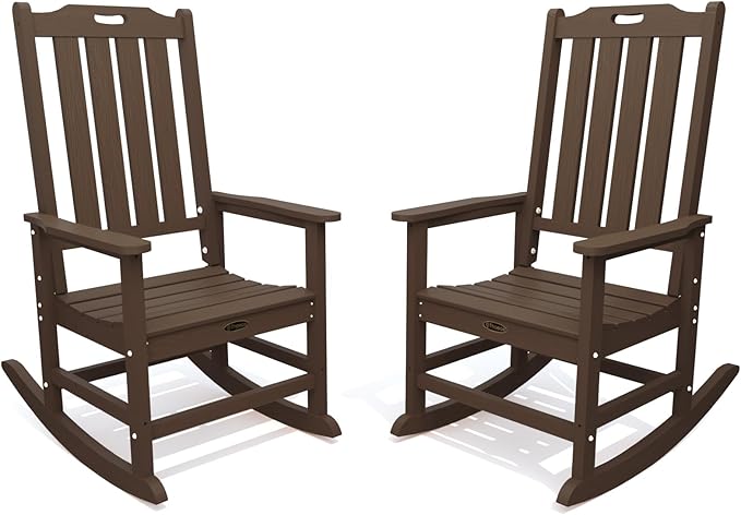 Oversized Rocking Chair Set of 2, Outdoor Rocking Chair for Adults, All Weather Resistant Porch Rocker for Lawn Garden, Brown