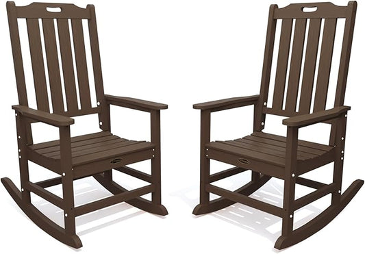 Oversized Rocking Chair Set of 2, Outdoor Rocking Chair for Adults, All Weather Resistant Porch Rocker for Lawn Garden, Brown