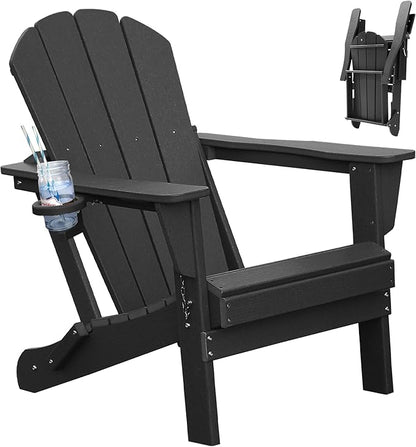 Adirondack Chair, Plastic Adirondack Chairs, HDPE Adirondack Chair, Folding Adirondack Chairs,Outdoor Chairs with Cup Holder for Lawn Patio Deck Fire Pit -Black