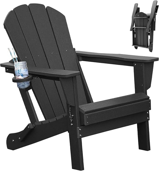 Adirondack Chair, Plastic Adirondack Chairs, HDPE Adirondack Chair, Folding Adirondack Chairs,Outdoor Chairs with Cup Holder for Lawn Patio Deck Fire Pit -Black