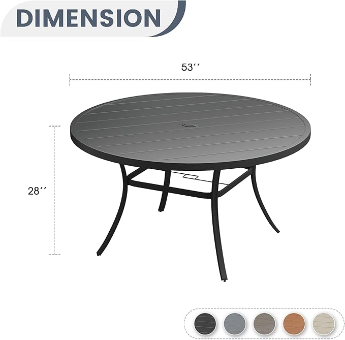 VICLLAX 53" Round Patio Dining Table for 6-8, Metal Outdoor Dining Table with Umbrella Hole for Garden, Patio, Balcony, Black