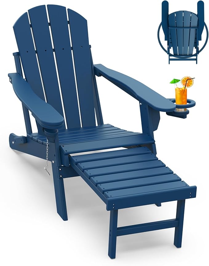 GREENVINES Adirondack-Chairs-with-Ottoman | Folding | Retractable-Footrest | HDPE Plastic | All Weather Fire Pit Chair | Cup Holders | Blue | for Outdoor Poolside