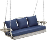 Heavy Duty 900 LBS Porch Swing Chair 3-Person Outdoor Rattan Patio Swing Lounge w/Cup-Holder & Steel Chains Wicker - Photo 1