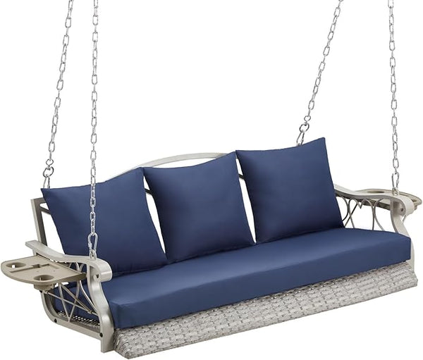 Heavy Duty 900 LBS Porch Swing Chair 3-Person Outdoor Rattan Patio Swing Lounge w/Cup-Holder & Steel Chains Wicker - Photo 1