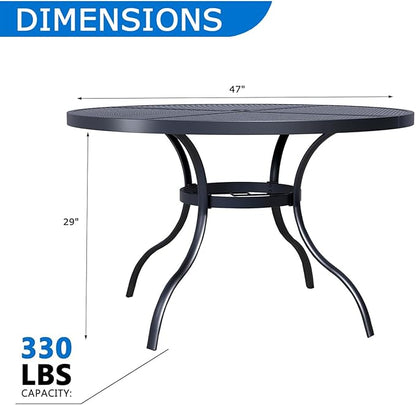 47'' Outdoor Patio Dining Table with Adjustable Umbrella Hole, Mesh Tabletop Round Table, Heavy Duty 400lbs Capacity, for Deck, Balcony, Bistro, Black