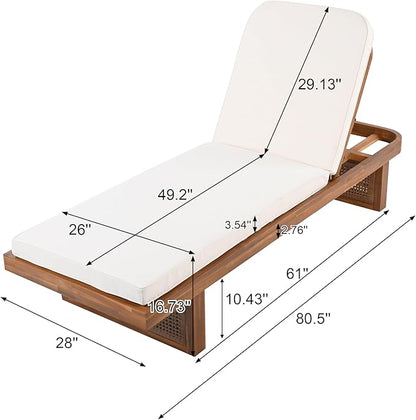 Merax Acacia Wood Chaise Lounge Chair Outdoor Set of 2, Patio Recliner with Adjustable Backrest and PE Rattan Design, White Cushion