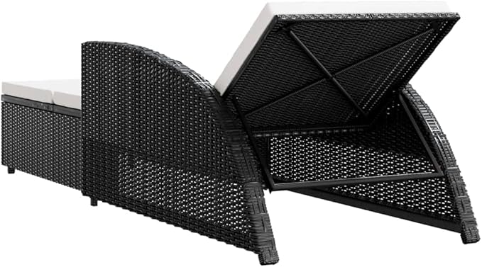 Ergonomic Outdoor Chaise Lounge with Adjustable Backrest, 79" Extra Long Black Poly Rattan Sun Lounger, Cream Cushioned Patio Furniture, Steel Frame for Pool Garden Deck