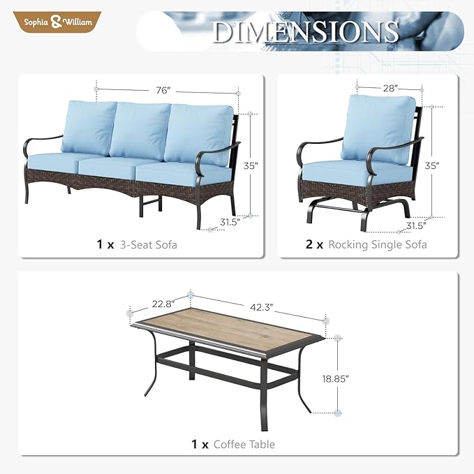 Sophia & William Patio Furniture Set, 4 Piece Metal Outdoor Conversation Set with 3-Seater Outdoor Couch, 2 Sofa Chairs - Photo 7