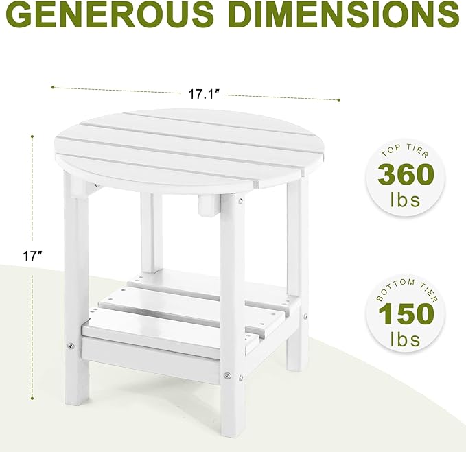 Set 2 Adirondack Outdoor Side Tables, 2-Tier Round Outdoor Table, Weather Resistant HDPE Patio End Table for Garden, Lawn, Pool, Beach, Porch, Deck, Backyard - White