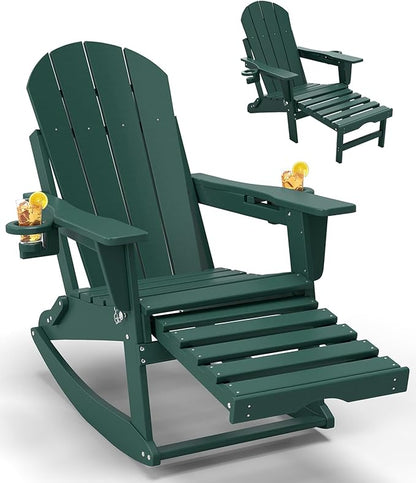 Adirondack Rocking Chair with Retractable Ottoman, All Weather Folding Adirondack Chair with Two Cup Holders, Adirondack Outdoor Rocking Chairs for Porch, Patio, Balcony. Dark Green