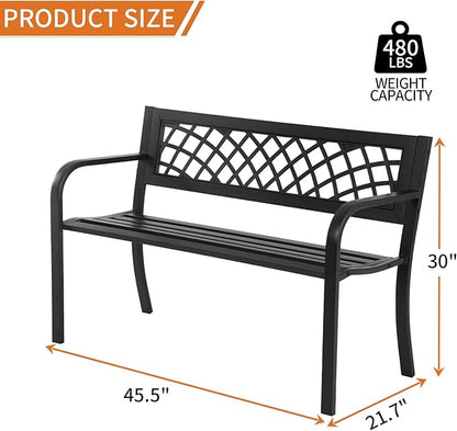 BSTOPHKL Outdoor Bench,Patio Garden Benches,Metal Weatherproof Porch Bench with Grid-Patterned Backrest and Armrest for Park Courtyard Porch,Bearing Capacity 480lbs,Black