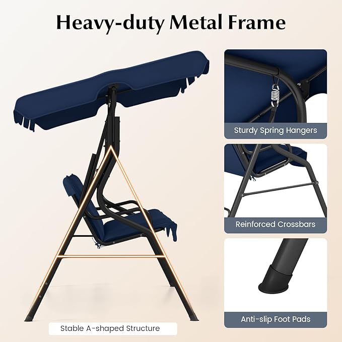 RELAX4LIFE 3-Person Porch Swing Chair - Outdoor Swing w/Adjustable Canopy, Removable Cushion & Metal Frame Stand - Photo 7