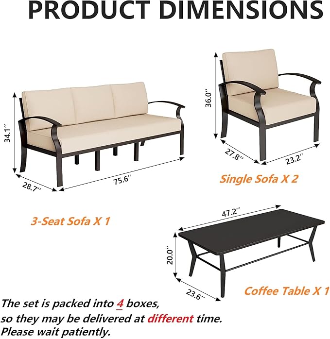 Gotland Aluminum Patio Furniture Set with Rectangular Coffee Table, Metal Patio Furniture with 5 Seats Waterproof 5.1'' Seat Cushions, Outdoor Sectional Patio Conversation Sets for Balcony Khaki