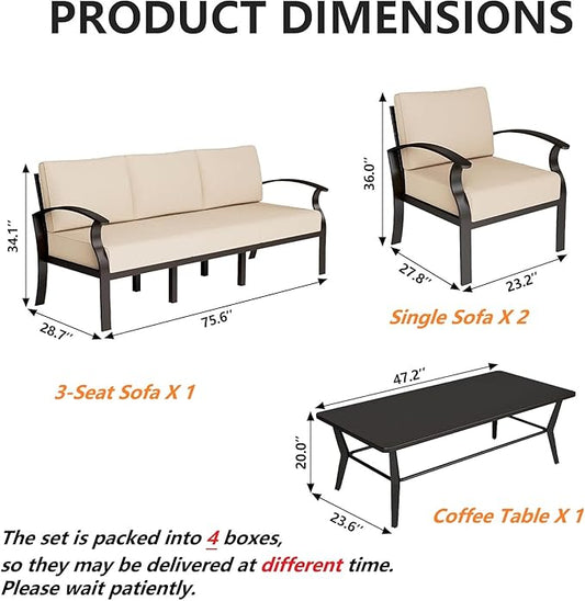 Gotland Aluminum Patio Furniture Set with Rectangular Coffee Table, Metal Patio Furniture with 5 Seats Waterproof 5.1'' Seat Cushions, Outdoor Sectional Patio Conversation Sets for Balcony Khaki