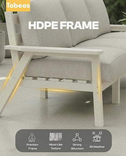 HDPE Patio Furniture Set 8 Seats, Outdoor Couch with Washable Thick Beige Cushions & Side Table, Outdoor Sectional Furniture for Backyard, Deck, Lawn, Porch (White Frame)