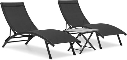 Athena Collection Outdoor Chaise Lounge Set, Aluminum Frame Pool Lounge Chairs with 5-Level Adjustable Backrest and Folding Side Table, Breathable Sun Lounger for Poolside Patio Outdoor, Black
