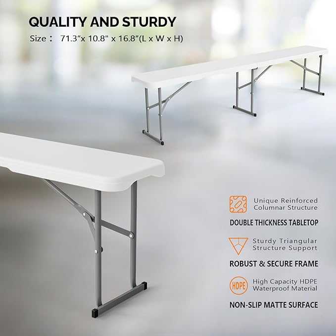 VINGLI 6 feet Plastic Folding Bench,Portable in/Outdoor Picnic Party Camping Dining Seat, Garden Soccer Multipurpose Entertaining Activities, Smooth HDPE Tabletop (2, White, 6ft)