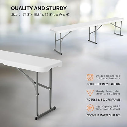 VINGLI 6 feet Plastic Folding Bench,Portable in/Outdoor Picnic Party Camping Dining Seat, Garden Soccer Multipurpose Entertaining Activities, Smooth HDPE Tabletop (2, White, 6ft)