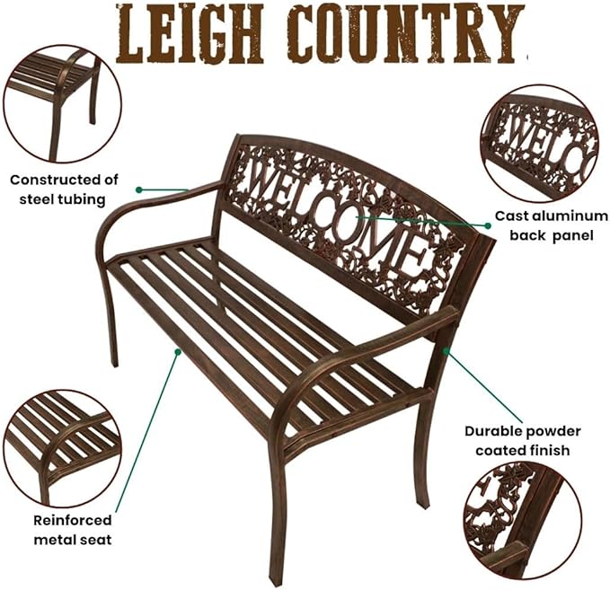 Leigh Country Metal Outdoor Bench, Welcome Design, Decorative Patio Seating for Porch/Deck - Photo 4