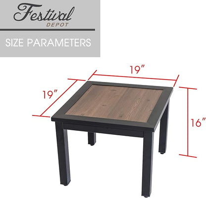 Festival Depot Metal Outdoor Square Patio Bistro Dining End Table with Wood-Like Aluminum-Plastic Top and Black Steel Legs (19"x19"x16")