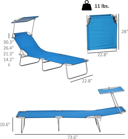 Outsunny Outdoor Lounge Chair, Adjustable Folding Chaise Lounge, Tanning Chair with Sun Shade for Beach, Camping, Hiking, Backyard, Blue