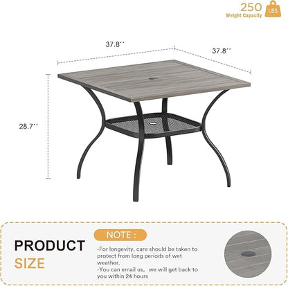 VICLLAX 37.8" Square Outdoor Patio Table, All Weather Metal Outdoor Dining Table for Lawn Garden, Grey Wood-Like Tabletop