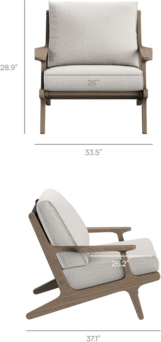 Modway Saratoga Teak Outdoor Lounge Chair in Pebble – Oversized Patio Accent Armchair with Wood Frame and Weather-Resistant Cushions