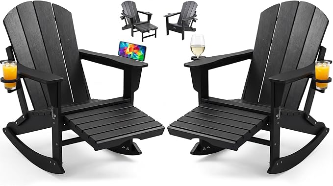 PASAMIC Adirondack Rocking Chairs Set of 2, Foldable All-Weather HDPE Patio Rockers with Retractable Ottoman & Cup Holder, Outdoor Chairs for Porch Backyard Pool Garden Balcony, Black