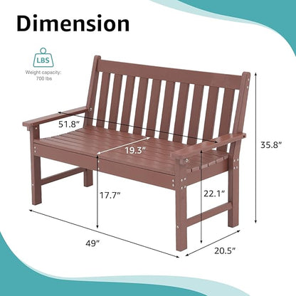 COBANA Outdoor Garden Bench, All Weather HDPE Patio Porch Bench with Faux Wood Grain Pattern, 2-Person Seat for Lawn, Park, Backyard, Entryway, Brown